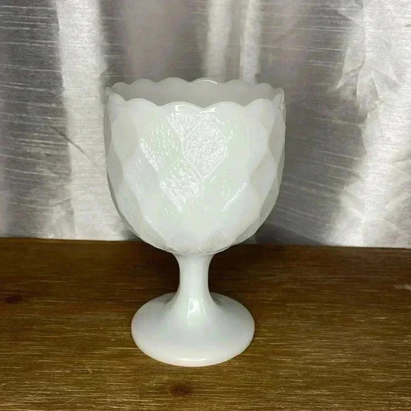 Milk Glass White Quilted Diamond Pattern Farmhouse Style Goblet - Picture 1 of 6